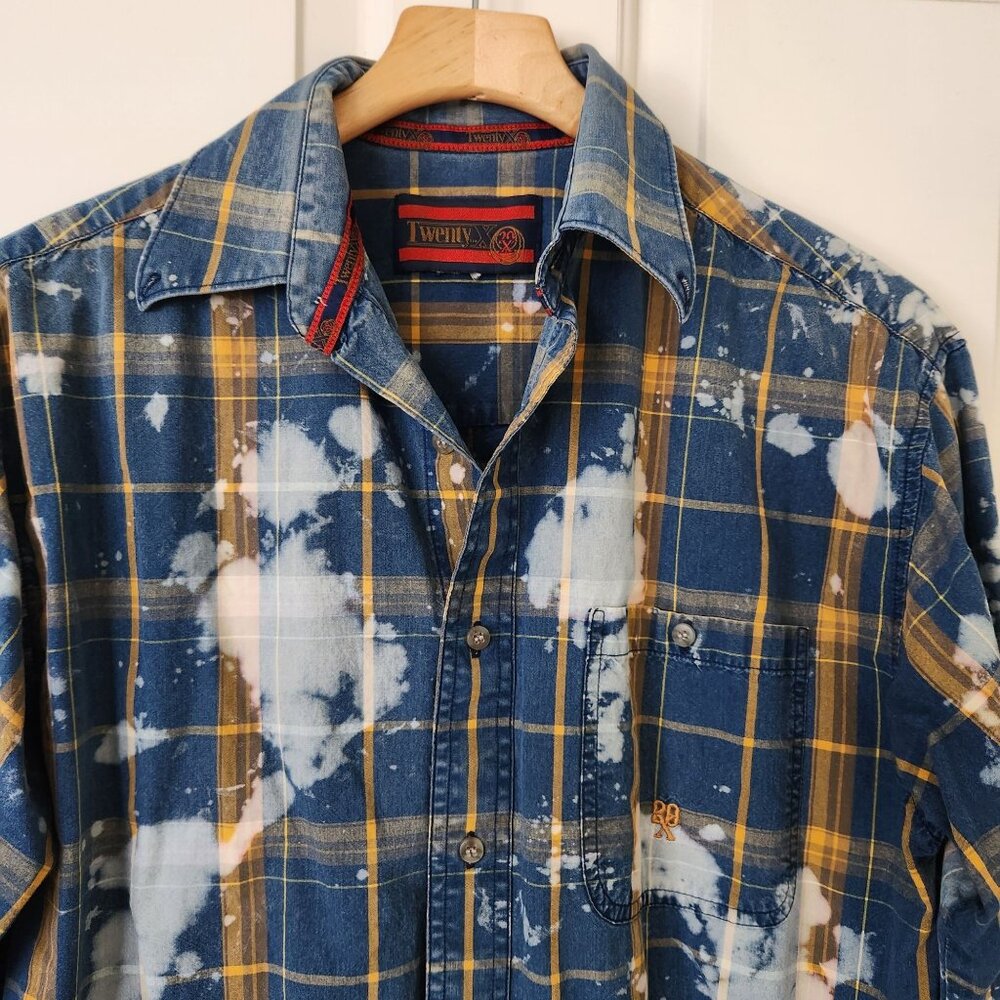 Upcycled Bleached Yellow Blue Plaid Button-Up Shirt Gypsy Soul Hippie Boho Cute - Picture 3 of 9